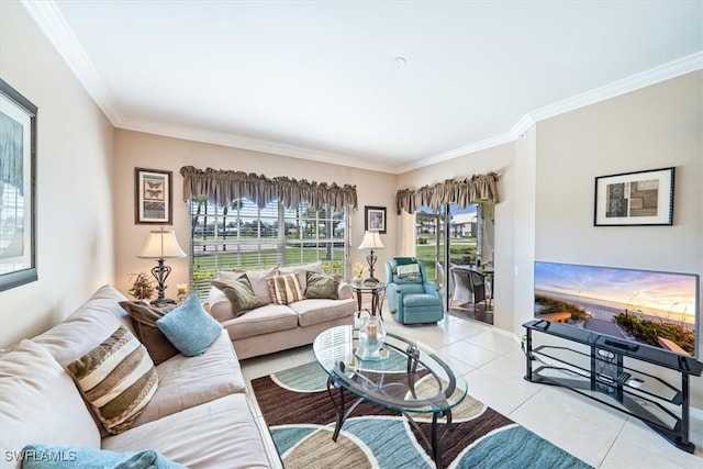 living room featuring light tile patterned flooring and crown molding