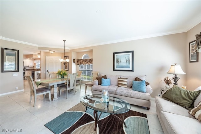 living room with light tile patterned flooring, an inviting chandelier, and ornamental molding