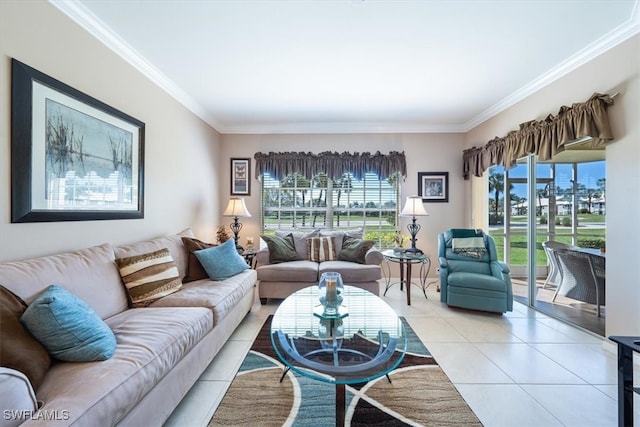 living room with ornamental molding, plenty of natural light, and light tile patterned floors