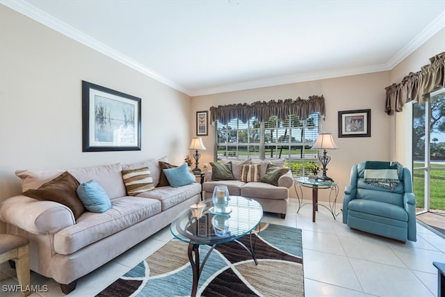 tiled living room with plenty of natural light and ornamental molding