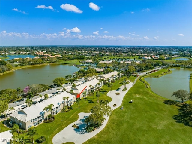 drone / aerial view featuring a water view