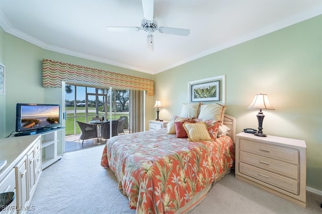 bedroom with ceiling fan, ornamental molding, access to exterior, and light colored carpet