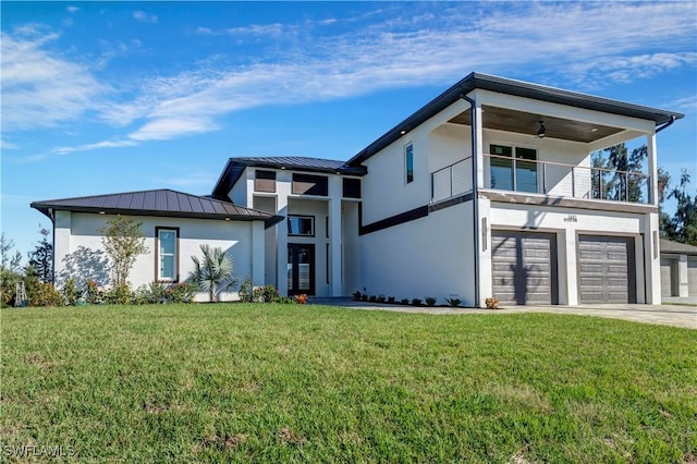 contemporary house featuring ceiling fan, a balcony, and a front lawn