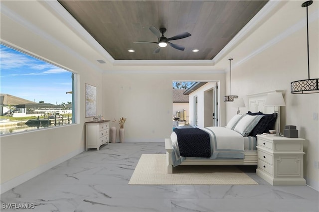 bedroom with a tray ceiling, ceiling fan, crown molding, and wooden ceiling