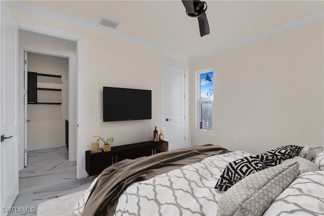 bedroom featuring ceiling fan and crown molding