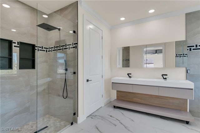 bathroom with walk in shower, vanity, ceiling fan, and crown molding