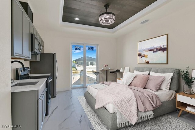 bedroom featuring access to outside, a tray ceiling, wood ceiling, and a notable chandelier