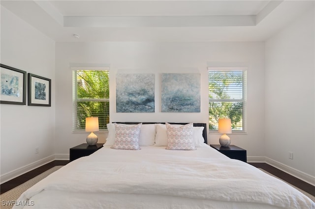 bedroom with dark hardwood / wood-style floors, multiple windows, and a tray ceiling