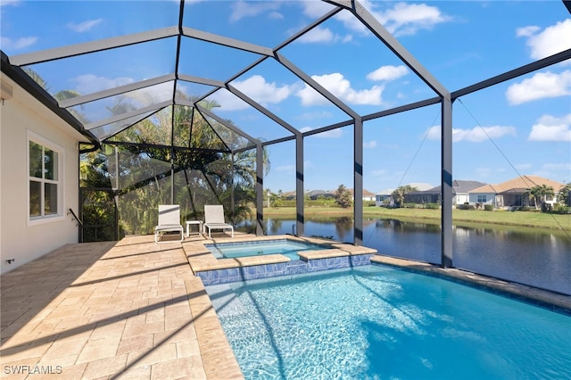 view of swimming pool with glass enclosure, an in ground hot tub, a water view, and a patio