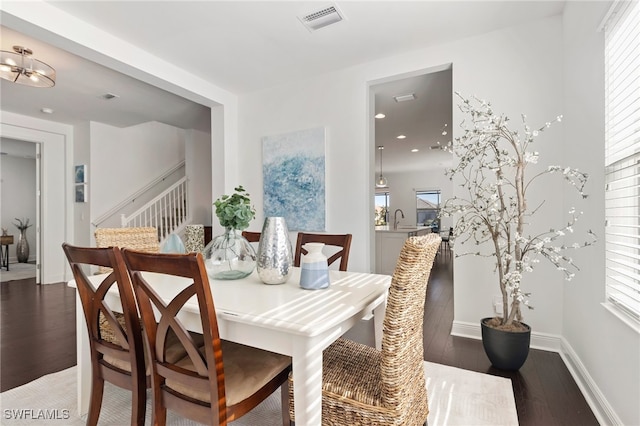 dining room featuring dark hardwood / wood-style flooring, a healthy amount of sunlight, and sink