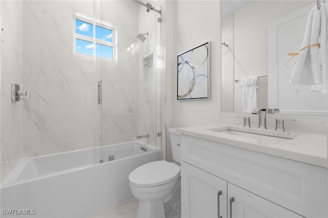 full bathroom with vanity, toilet, and enclosed tub / shower combo