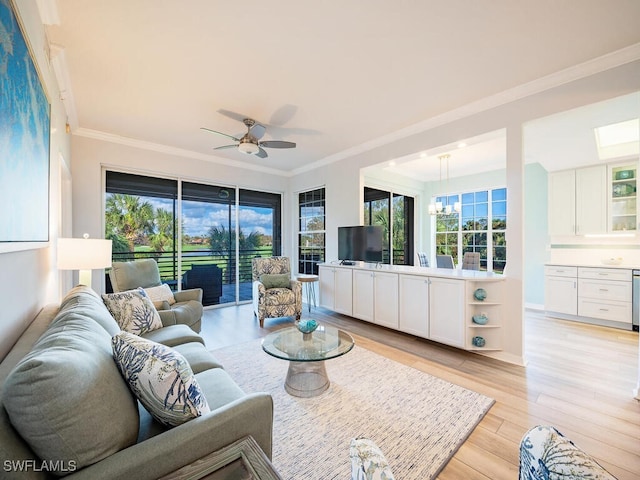 living room with ceiling fan with notable chandelier, a healthy amount of sunlight, ornamental molding, and light hardwood / wood-style floors