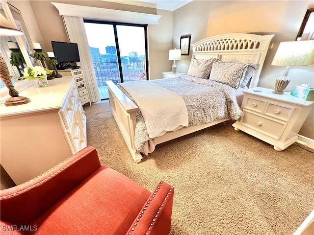 bedroom with access to outside, crown molding, and carpet flooring