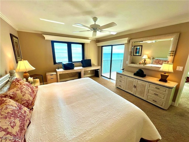 bedroom featuring ceiling fan, access to exterior, light colored carpet, and ornamental molding