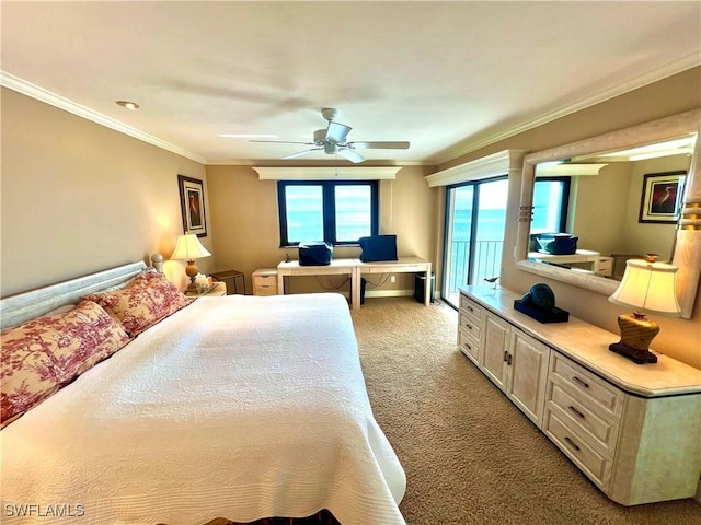 carpeted bedroom with access to outside, ceiling fan, and ornamental molding