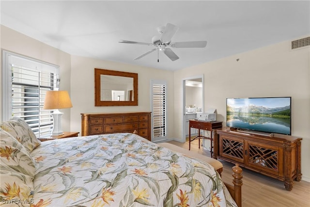 bedroom featuring ceiling fan and light hardwood / wood-style floors