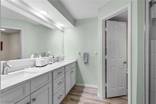 bathroom with vanity and hardwood / wood-style floors