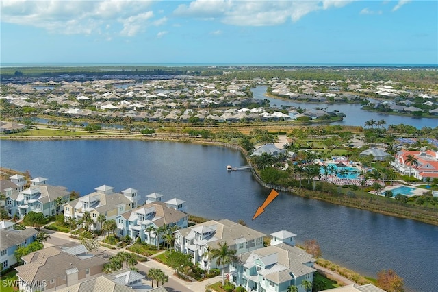 drone / aerial view featuring a water view