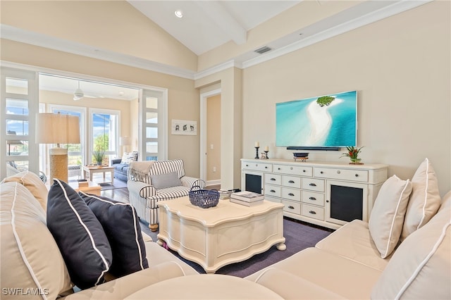 living room with hardwood / wood-style floors, high vaulted ceiling, beam ceiling, and crown molding