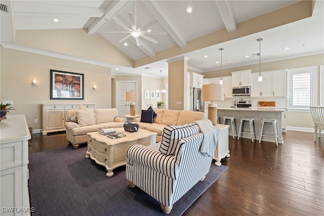 living room with beamed ceiling, ornamental molding, ceiling fan with notable chandelier, high vaulted ceiling, and dark wood-type flooring