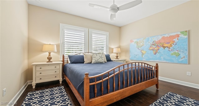 bedroom with ceiling fan and dark hardwood / wood-style flooring