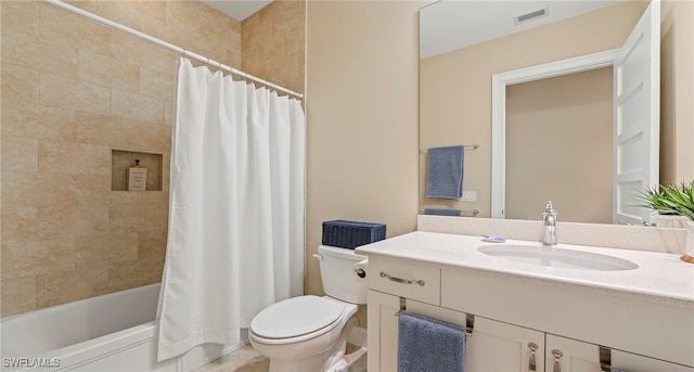 full bathroom with toilet, vanity, tile patterned flooring, and shower / bathtub combination with curtain