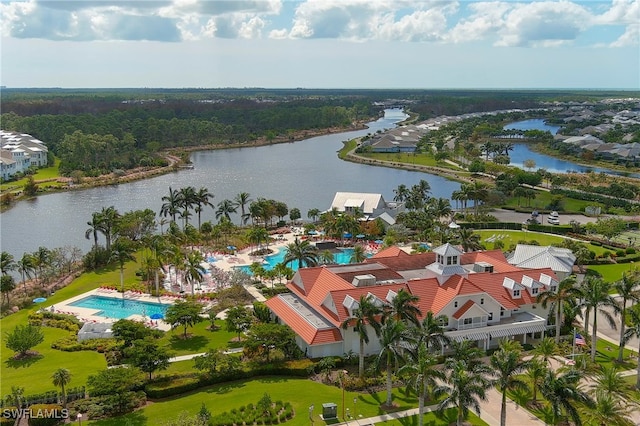 aerial view featuring a water view