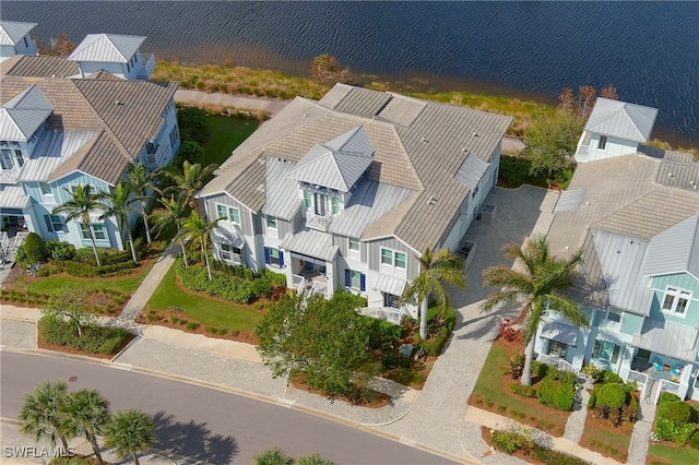 aerial view featuring a water view