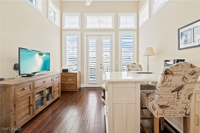 home office featuring dark hardwood / wood-style flooring and a high ceiling