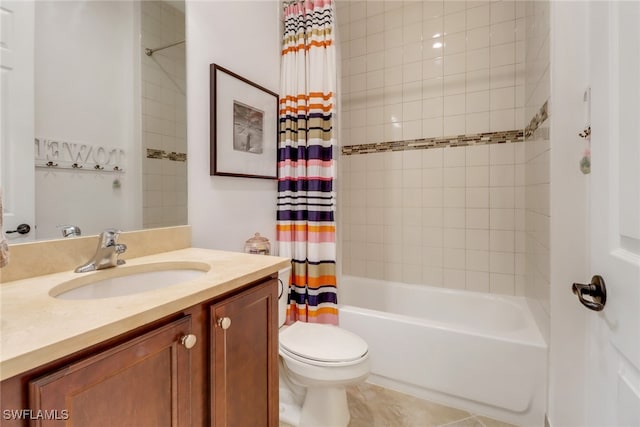 full bathroom featuring tile patterned flooring, vanity, toilet, and shower / bathtub combination with curtain