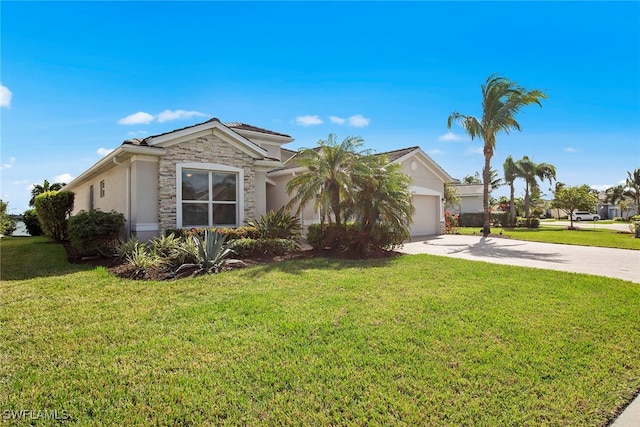 single story home with a front lawn and a garage