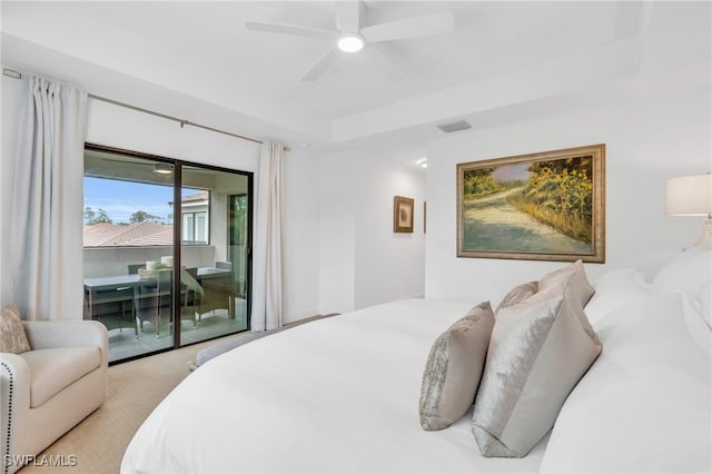 bedroom featuring access to outside and ceiling fan