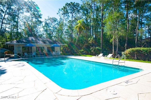 view of swimming pool featuring a patio