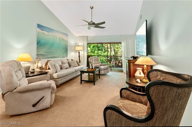 living room featuring ceiling fan, light colored carpet, and vaulted ceiling