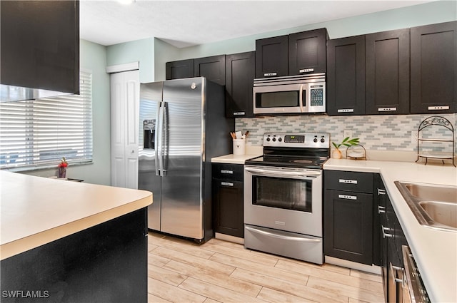 kitchen with light hardwood / wood-style floors, sink, backsplash, and appliances with stainless steel finishes