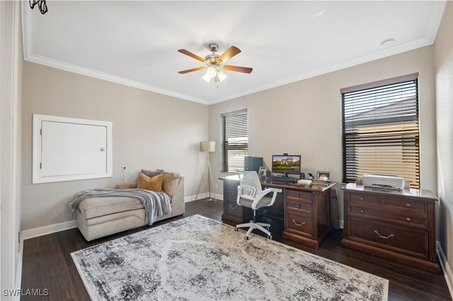 office area with crown molding, dark hardwood / wood-style flooring, and plenty of natural light