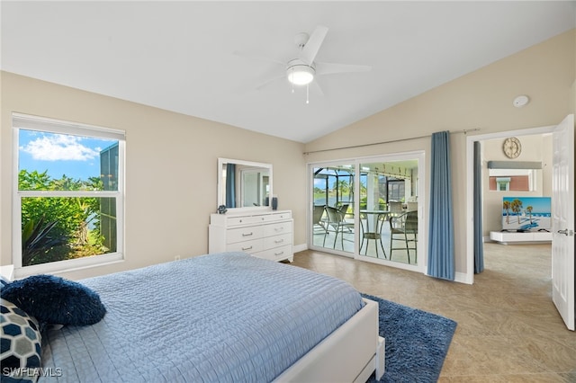 bedroom with access to exterior, ceiling fan, baseboards, and vaulted ceiling