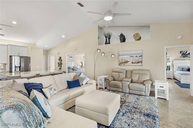 living room featuring high vaulted ceiling, ceiling fan, visible vents, and recessed lighting