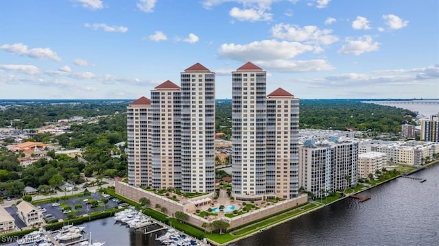 aerial view featuring a water view