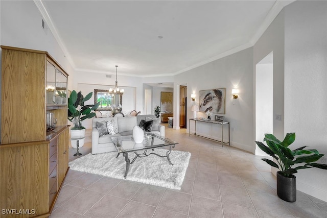 living room with an inviting chandelier, ornamental molding, and light tile patterned floors