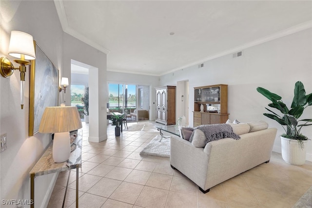 tiled living room with crown molding