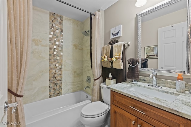 full bathroom with vanity, toilet, and shower / bath combo with shower curtain