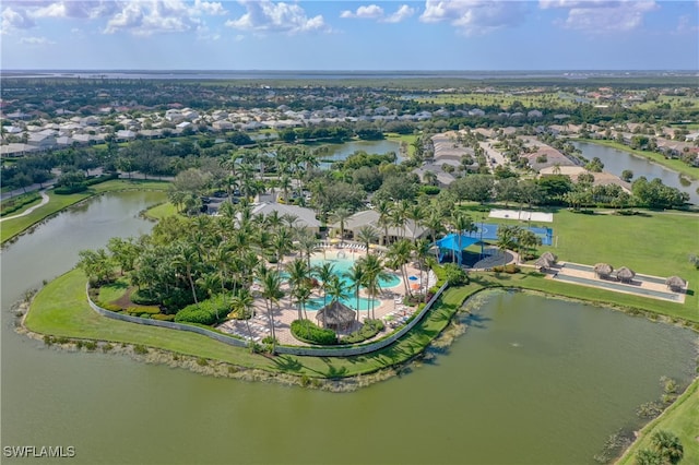 birds eye view of property featuring a water view