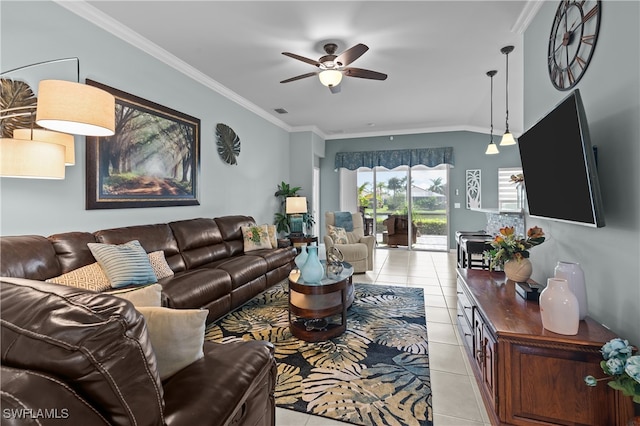 tiled living room featuring ceiling fan and ornamental molding