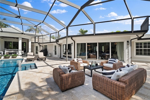 exterior space with glass enclosure and an outdoor living space