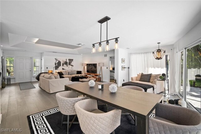 dining area featuring hardwood / wood-style flooring, a raised ceiling, and a wealth of natural light