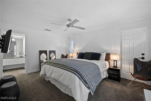 carpeted bedroom featuring ceiling fan