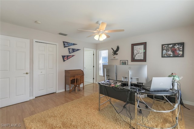 home office featuring ceiling fan and wood-type flooring