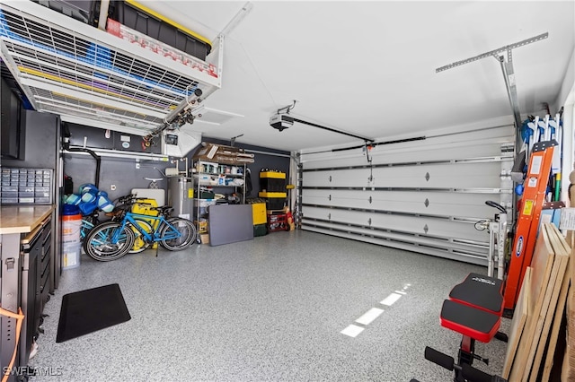 garage featuring a garage door opener and water heater