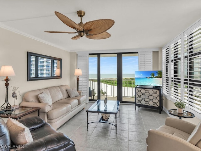 260 Seaview Ct Unit 803, Marco Island, FL 34145 - living area featuring tile patterned floors, expansive windows, a ceiling fan, and ornamental molding